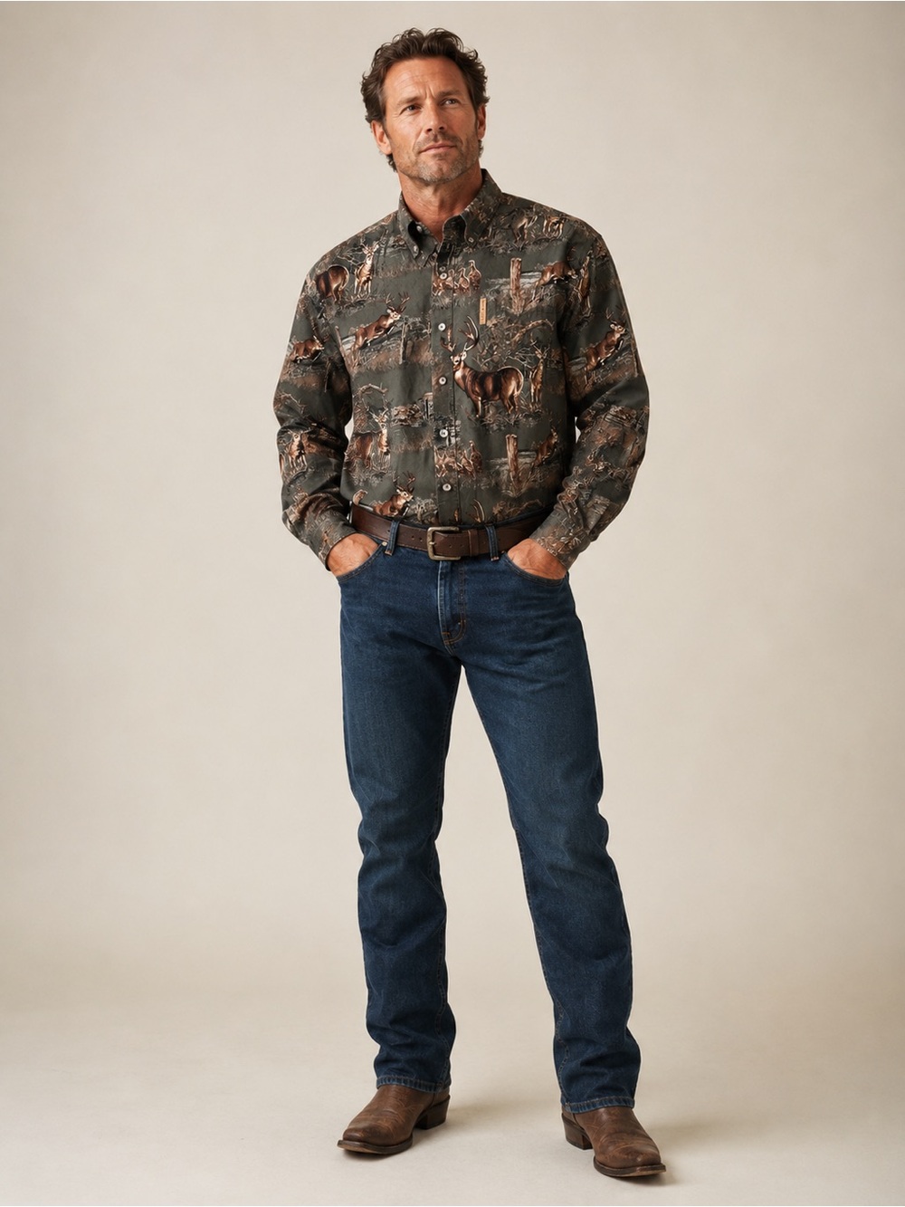 North River Outfitters Mens Large Long Sleeve Button Down Wildlife Deer Shirt